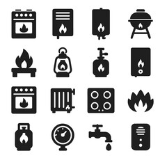 Gas Appliance Icons. Gas appliances and usage icons in silhouette. Gas stove, gas heater, gas water heater, gas grill, gas fireplace, gas lantern