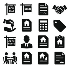 Realty Icon Set. Realty transaction elements icons in silhouette. For sale sign, sold sign, contract, handshake, key exchange, mortgage document