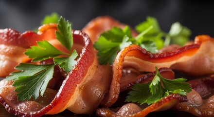 Crispy Bacon Strips with Fresh Parsley Sprigs on a Dark Background - Delicious Breakfast Food Close-Up for Culinary and Advertising Use