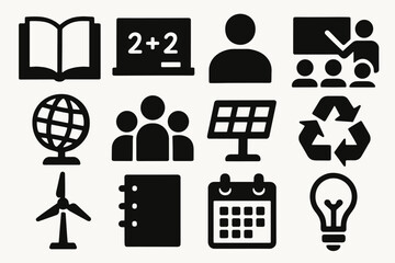 Clean Tech Education Icons. Educational Clean Technology silhouette set: open book, chalkboard, teacher icon, classroom, globe, student group, solar panel, recycling symbol, wind