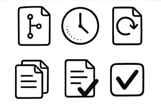 Version Control Icons. Version Control linear set: file history, clock icon, restore arrow, change log, duplicate files, confirmation checkmark.