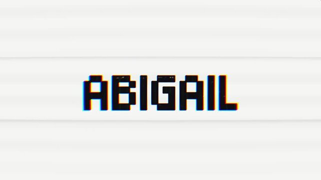 Abigail glitch text animation with retro and VHS effects on white background. 4k Footage Video