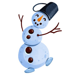 Funny, cheerful snowman with a bucket hat. Hand-drawn watercolor illustration.