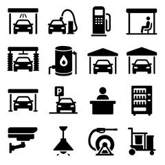 Car Wash Icons. Car wash facilities and infrastructure icons in silhouette. Wash bay, vacuum station, payment kiosk, waiting area, drying station