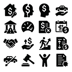 Debtor Outcome Icons. Debtor consequences and outcomes icons in silhouette. Foreclosure, bankruptcy, wage garnishment, asset seizure, court judgment