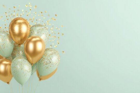 Background with white color balloons, sparkle for celebration party. Shiny balloon bunch. Festive sage mint green plain backdrop. Horizontal banner. Birthday pastel decoration. Space for greeting text