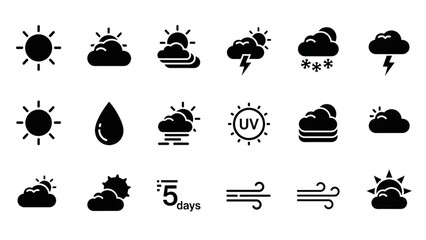 Weather Icon Set Sunny, Cloudy, Rainy & Stormy Day Vector Graphics