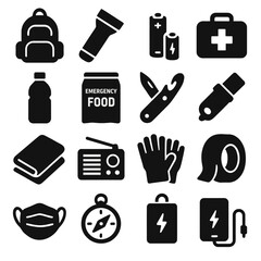 Disaster Gear Icons. Disaster Survival Gear icons in silhouette. Backpack, flashlight, batteries, first aid kit, water bottle, emergency food pack