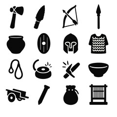 Ancient Tools Icons. Ancient tools icons in silhouette. Stone axe, flint knife, bow arrow, spear, clay pot, wooden shield, bronze