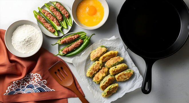 Preparation of Gochu Jeon (Stuffed Chilies) with Flour, Egg Mixture, and Pan Ready for Frying (Korean Cuisine)
