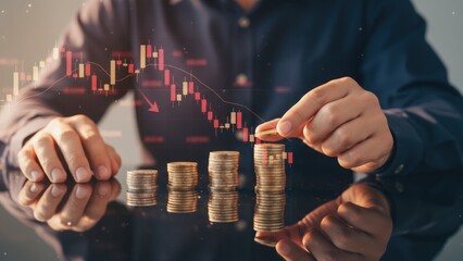 Hand stacking coins with falling stock chart in background symbolizing loss, leadership conflict, business problem