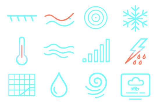 Winter Weather Icons. Winter Weather Fronts Modern Digital Display silhouette set: glowing cold front line, blue and red wave, luminous radar circle, neon snowflake, gradient