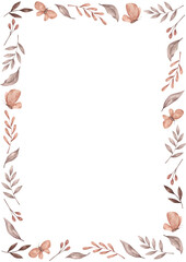 Watercolor hand-drawn frame with brown and beige leaves, branches, berries and butterfly. Boho template card for design baby shower, gender reveal party and nursery.
