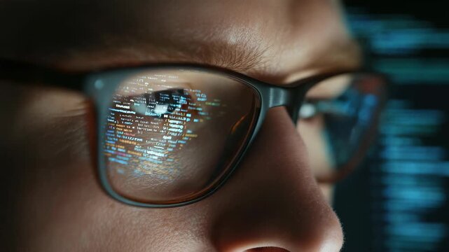 Man wearing glasses with colorful programming code reflected on lenses, close-up shot, dark blurred background, concept of cybersecurity focus
