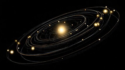 Abstract solar system representation with glowing planets orbiting a central star - Powered by Adobe