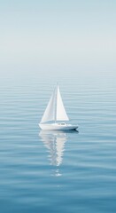 Small white sailboat floats serenely upon calm, expansive blue water under a bright sky