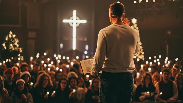 Man pastor holding bible preaching to a congregation holding lit candles worshiping in a church during Christian holidays, footage.
