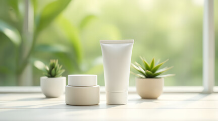 Cream jar and squeeze tube with photoreal detail on bright wooden table