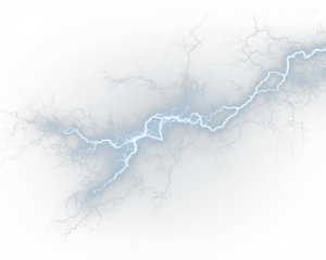 Bright white electric strike isolated on a dark background. Neon edges and scattered sparks add intensity and realism to storm visuals. PNG