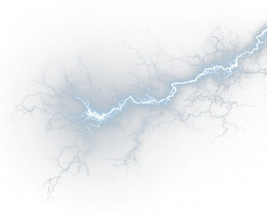 Realistic blue lightning bolt strikes isolated on dark transparent background. Neon edges and electric sparks highlight storm energy and intensity. PNG