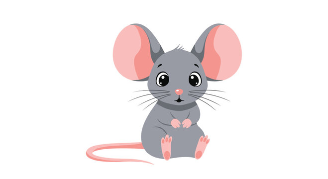 Adorable gray cartoon mouse with big pink ears sitting down.