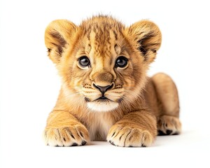 Obraz premium Cute lion cub resting on a white background.