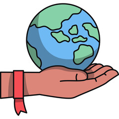 Close Up of A Hand Holding A Globe With A Red Ribbon In A Studio Shot With White Background