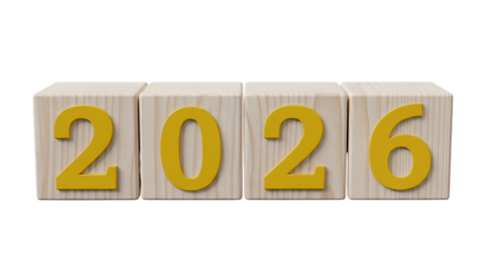 Happy New Year 2026 : Wooden Blocks with Yellow Numbers