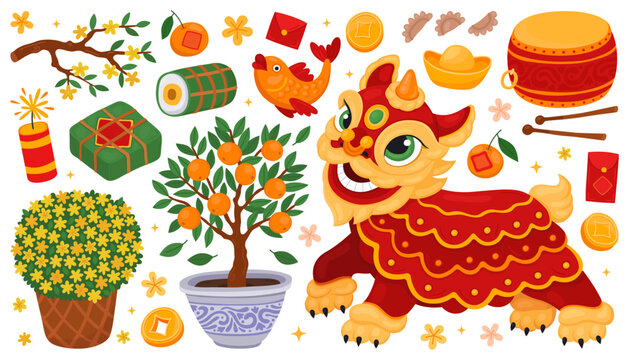 Collection of festive elements for Lunar New Year, Tet. Traditional lion or unicorn dance, tangerine tree, yellow flowers, drum, spring flowers, koi carp, gold coins, gold bar, traditional food.