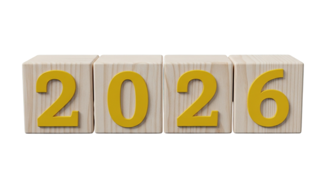Happy New Year 2026 : Wooden Blocks with Yellow Numbers