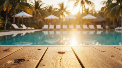 Fototapeta premium A serene and elegant poolside scene designed for premium advertising. A sharp wooden deck contrasts with a blurred turquoise pool at golden hour.