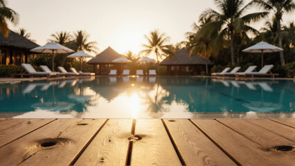 A sunlit natural wooden deck in sharp focus with rich grain. Behind it, a blurred turquoise swimming pool stretches into the distance with warm reflections.