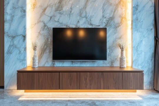 Modern entertainment unit with television and decorative vases.