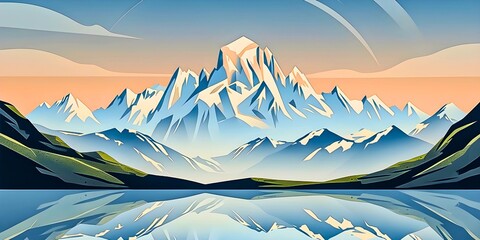A majestic snow-capped mountain range reflected in a calm lake under a colorful sky.