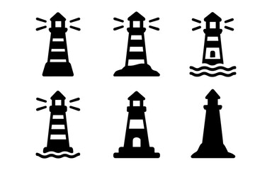 Minimalist lighthouse icons set: nautical black silhouettes with sea elements