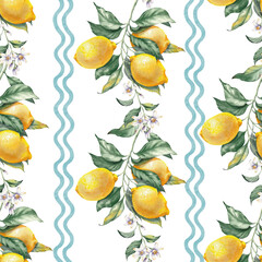 Lemon fruit branch on a classic blue striped background. Seamless pattern inspired by the timeless Mediterranean aesthetic of the Amalfi Coast. Perfect for summer-themed prints, packaging, textiles