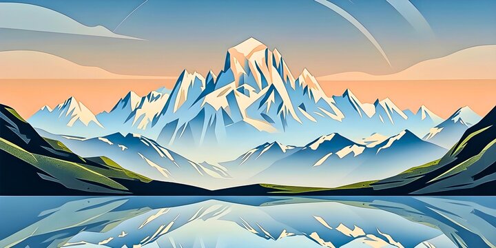 A majestic snow-capped mountain range reflected in a calm lake under a colorful sky. - Powered by Adobe