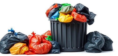 Overfilled trash bin overflowing with garbage bags on a clean white background, isolated, overflow