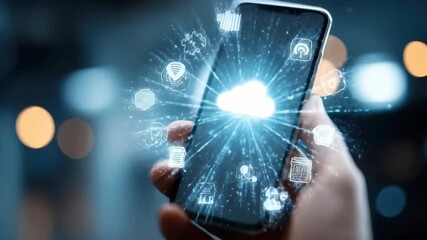 Modern smartphone displays digital cloud features and app icons - Powered by Adobe