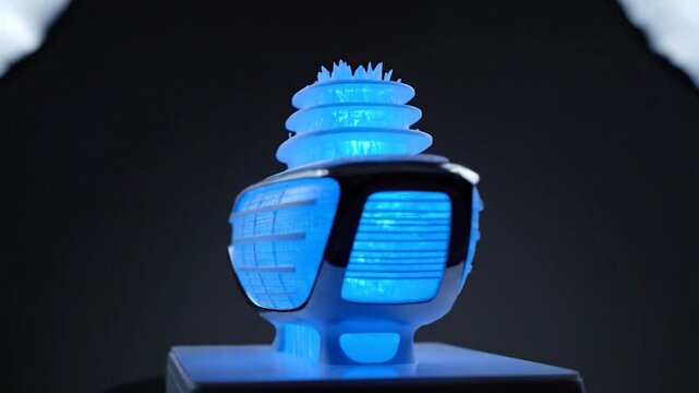 Glowing blue futuristic vessel model with layered structure, atop a square base against dark backdrop