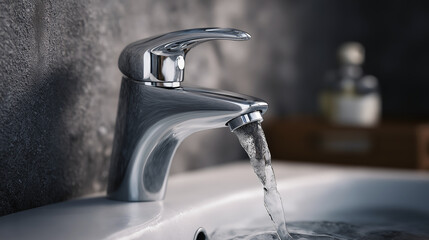 Closeup of a modern chrome faucet with a clear stream of fresh water flowing, clean bathroom background