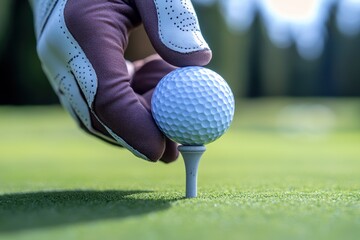 Hand placing a golf ball on a tee in bright sunlight during a game on the green