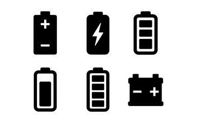 Battery icon set: bold black and white energy symbols for tech design