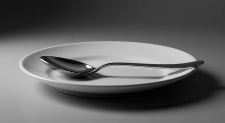 Polished eating utensil rests diagonally across a simple ceramic dish in dramatic lighting