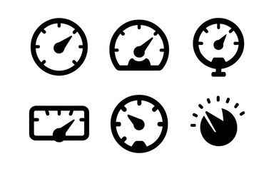 Flat black speedometer icons set for performance and measurement themes