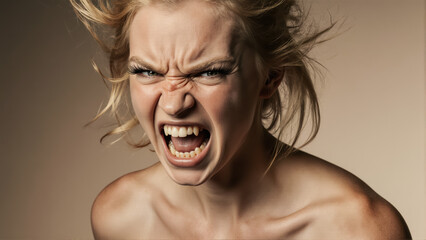 A beauty portrait with an explosive expression. The young woman's flared nostrils and tense brows add to the intense, powerful feel.