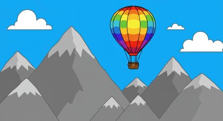 Brightly colored hot air balloon floats above snowy mountain peaks under a clear blue sky