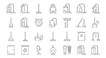 Diverse cleaning icons isolated on white background, featuring various tools and equipment for household chores and maintenance, in a minimalist line art style