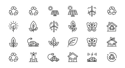 Line art icons representing environmental sustainability, renewable energy, and ecofriendly practices isolated on white background, promoting a greener future