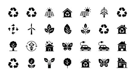 Line art icons representing environmental sustainability, renewable energy, and ecofriendly practices isolated on white background, promoting a greener future